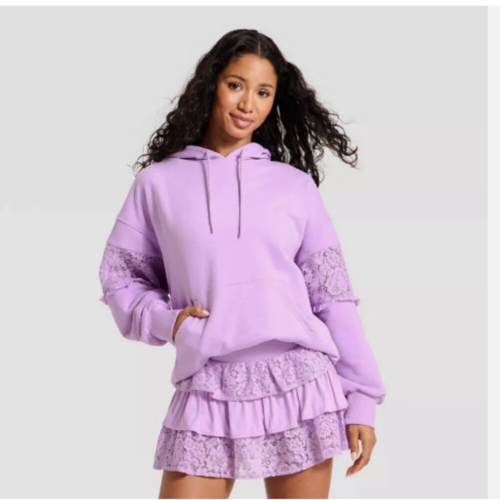 2pcs JoyLab Lace Trim French Terry Hooded Sweatshirt & Skort - Purple Large